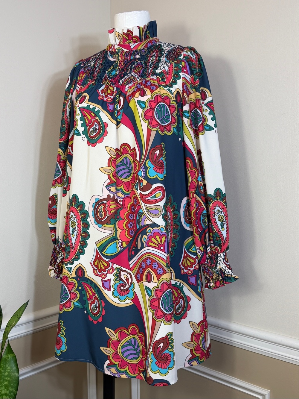 Crosby Mollie Burch Midi Dress Floral Smocked High Neck Long Sleeve Medium Large